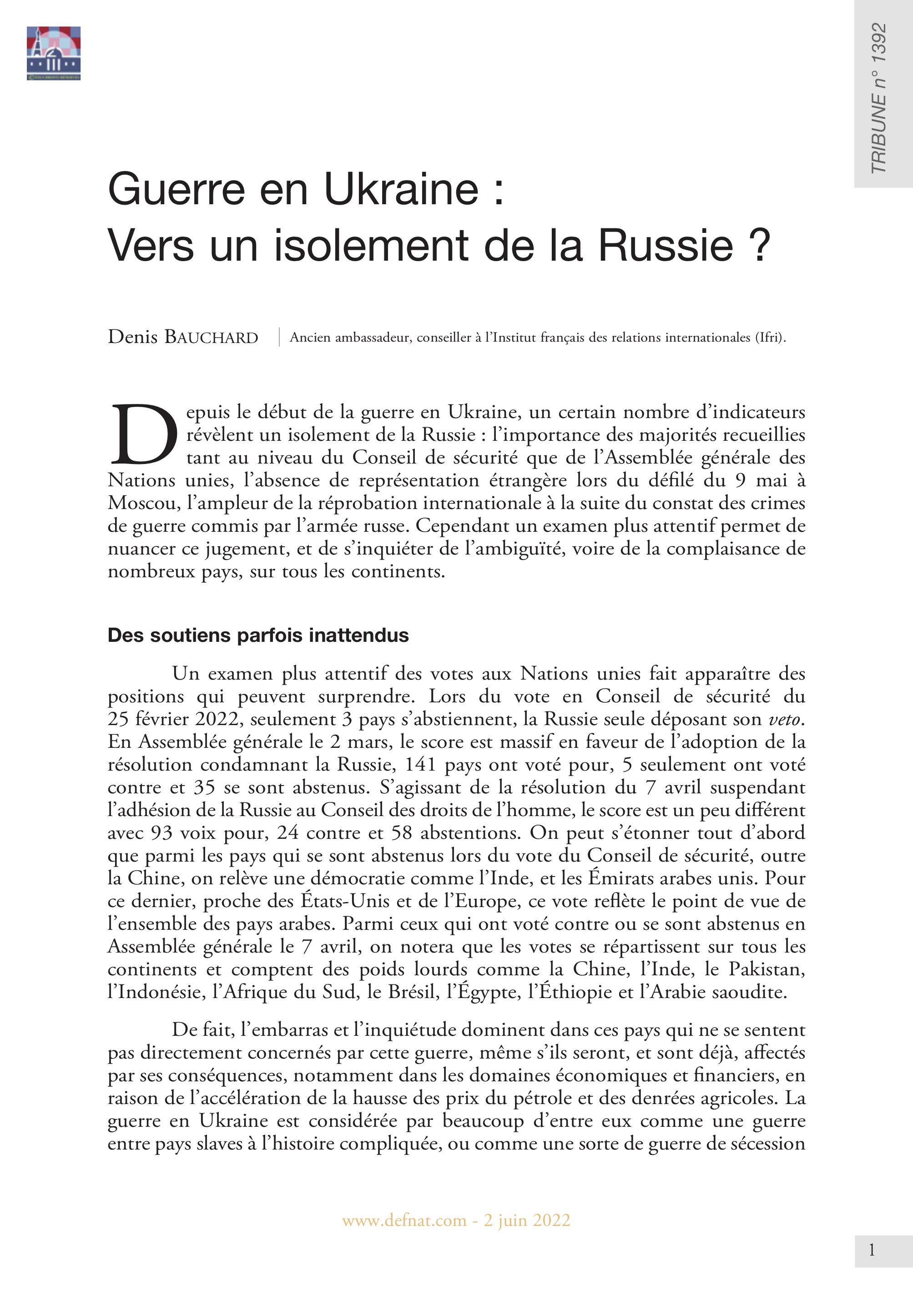 Guerre en Ukraine : Vers un isolement de la Russie ? (T 1392)
